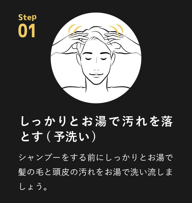 point01 しっかりとお湯で汚れを落とす(予洗い)シャンプーをする前にしっかりとお湯で髪の毛と頭皮の汚れをお湯で洗い流しましょう。