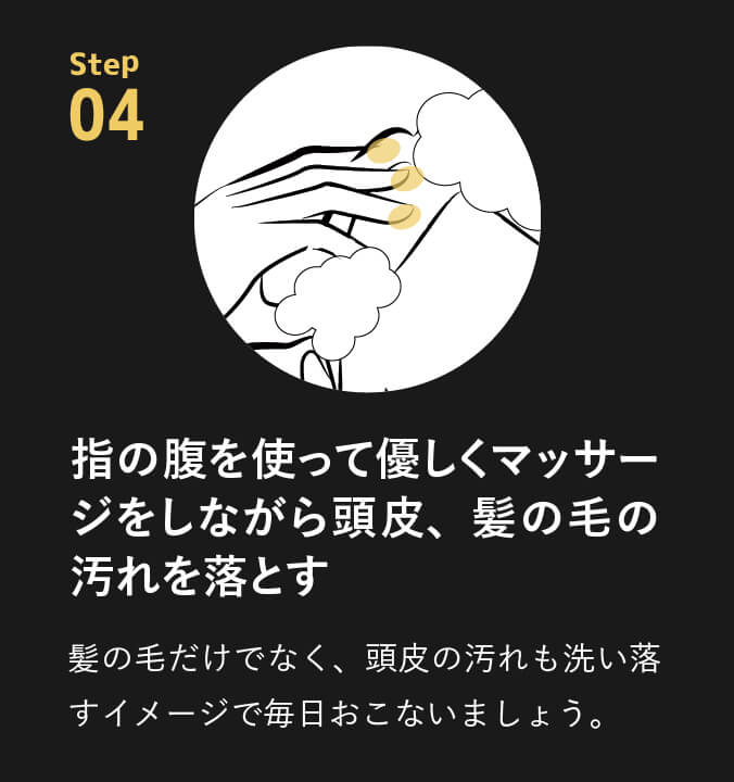 point04 指の腹を使って優しくマッサージをしながら頭皮、髪の毛の汚れを落とす。髪の毛だけでなく、頭皮の汚れも洗い落すイメージで毎日おこないましょう。
