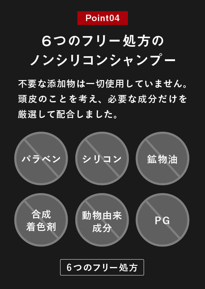 Point04 6つのフリー処方のノンシリコンシャンプー、不要な添加物は一切使用していません。 頭皮のことを考え、必要な成分だけを厳選して配合しました。パラベン シリコン 鉱物油 合成着色剤 動物由来成分 PG